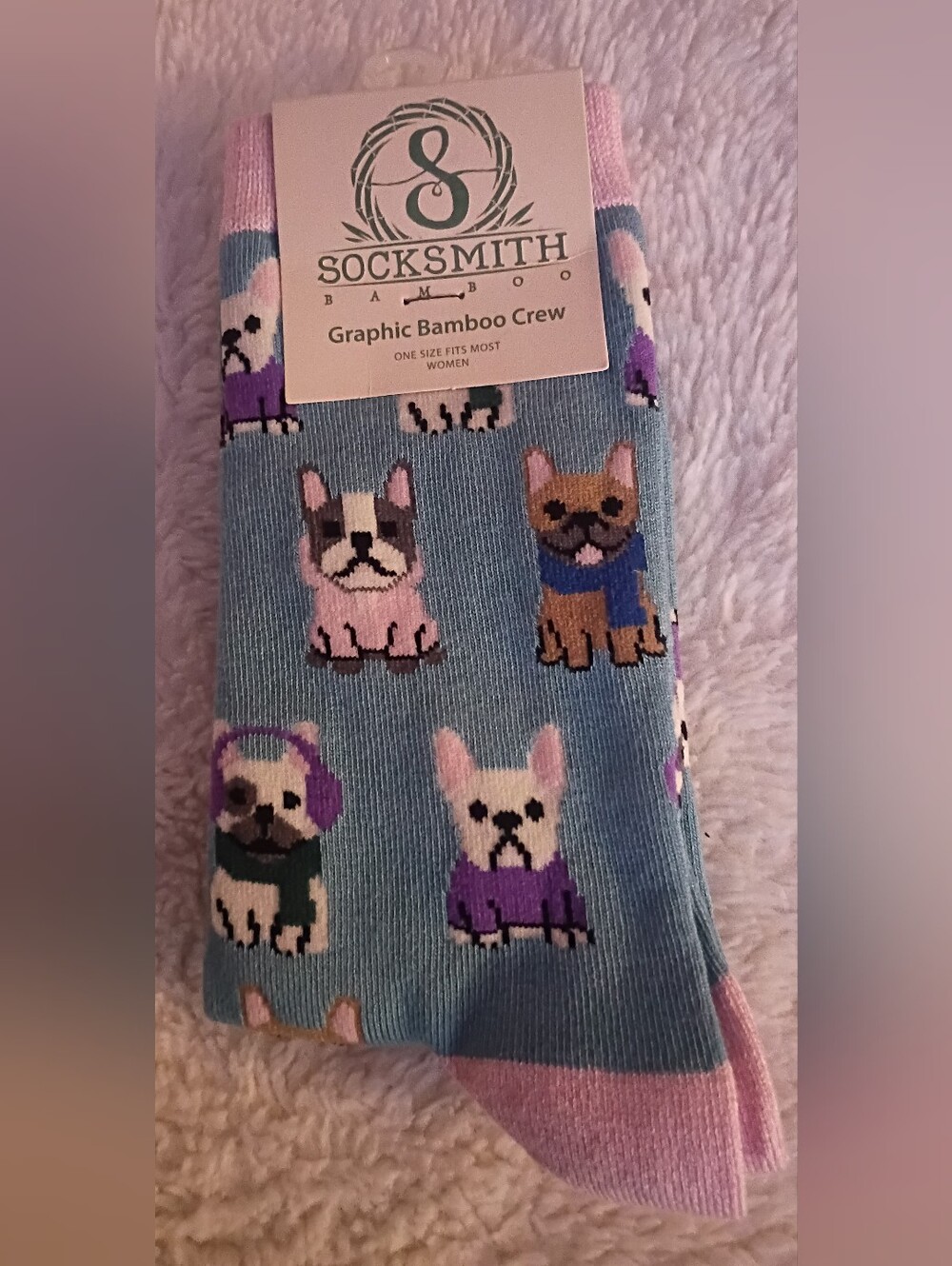 Bamboo Blue & Pink French Bulldog Crew Socks